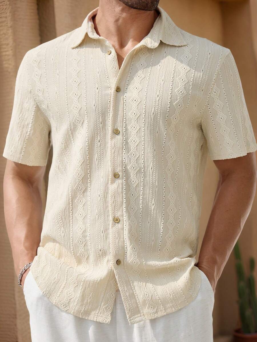HIMLAND Men's Jacquard Knit Slim Fit Turndown Collar Short Sleeve Casual Shirt, Suitable For Everyday Summer Wear, Old Money