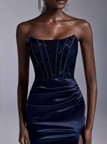 Elitara Elegant Sexy Navy Lace Top Chest See-Through Decoration Boned Breast Cup Fishtail Dress Shrink Pleated High Slit Stretch Bright Satin Heavy Industry Evening Dress Formal Prom Wedding Guest Gown, For Graduation, Dinner Party Dress - Navy Blue - View 4