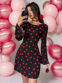 SHEIN Essnce Women's Heart Print Round Neck Bell Sleeve Cute Mini Dress For Valentine's Day