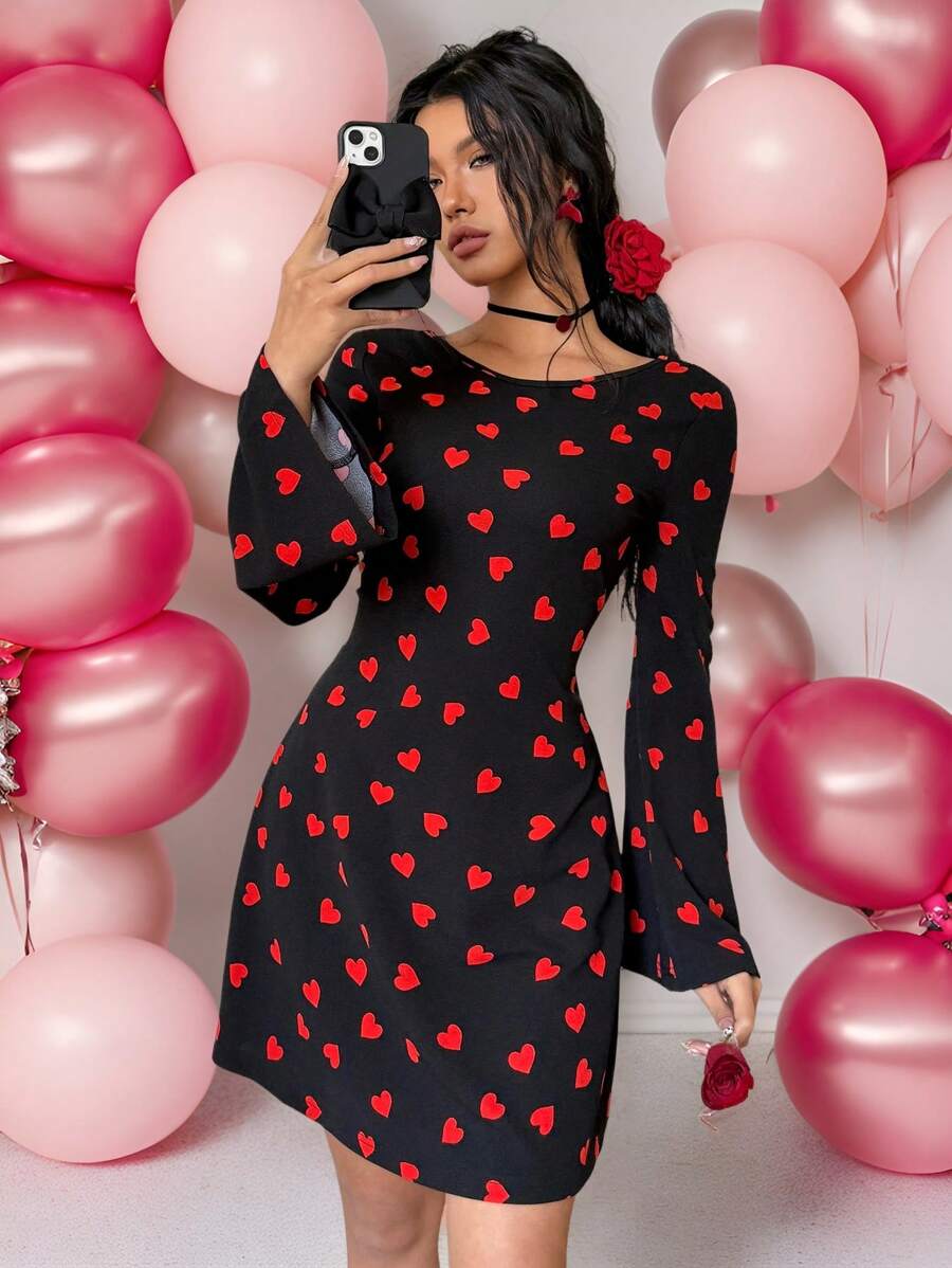 SHEIN Essnce Women's Heart Print Round Neck Bell Sleeve Cute Mini Dress For Valentine's Day