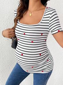 SHEIN Heart Embroidery Striped Fitted Maternity T-Shirt