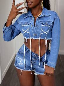SHEIN Slayr Fashionable Personalized Women Fringe Hem Tie Denim Jacket - Medium Wash - View 3