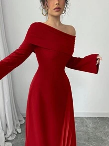 Elenzga Robe longue élégante pour femmes, en couleur unie, avec épaule oblique attrayante, taille froncée, volant asymétrique au bas, idéale pour les déplacements et les soirées - Rouge - Voir 7