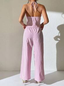 SHEIN PETITE 2pcs/Set Striped Halter Neck Camisole And Wide Leg Pocket Pants