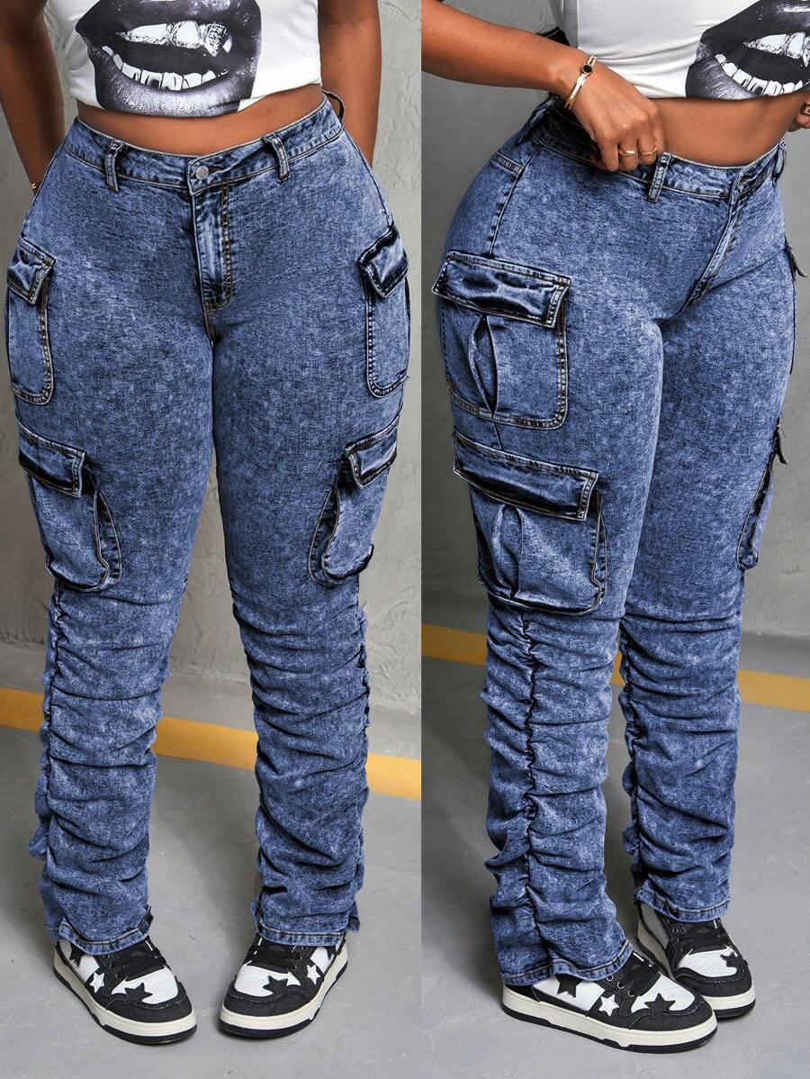 Slaydiva Plus Size Sexy Skinny Elastic Flared Jeans - Black - Medium Wash - View 1