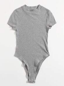 SHEIN EZwear Mock-neck Rib-knit Bodysuit - Light Grey - View 6