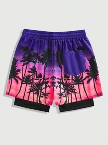 ROMWE MEN Prep Men's Jersey Vacation Casual Coconut Tree Print Drawstring Waist Shorts