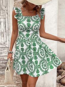 Breezaya Vestito da donna con spalline arricchite, stampa completa, fiocco sul retro, abito da spiaggia da vacanza