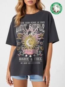 Tseoso 1 Pc Slogan Graphic Print Oversized Casual Round Neck Short Sleeve T-Shirt For Women, Suitable For Summer Astral Suitable For Going Out