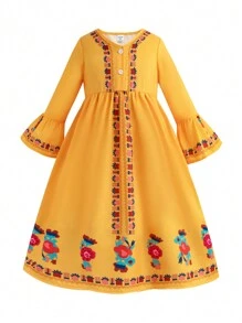 Young Girl Vacation Bohemian Retro Embroidered V-Neck Long Sleeve Dress
