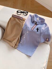 SHEIN 年轻男孩 2 件/套超值套装休闲运动学院风彩色条纹 Polo 领短袖衬衫和卡其色梭织短裤，适合日常、春夏季、运动、户外、校园、派对、节日、拍照、返校季 - 藍色 - 查看 6