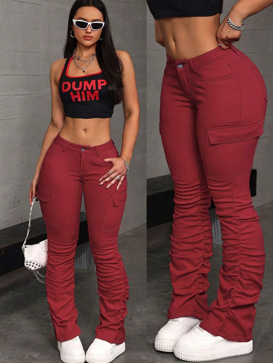 SHEIN ICON Celana Jeans Kargo Slim Fit Kasual Wanita Warna Polos dengan Detail Kerut - Merah - View 1