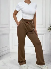 Zolique Women's Solid Color Tie Waist Flare Loose Casual Sweatpants Fall Cloth For Women