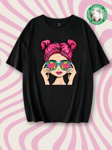 Tseoso Casual Cartoon Character Graphic Oversized Crew Neck Short Sleeve Loose T-Shirt For Women, Summer Pullover , Funny - Black - View 2