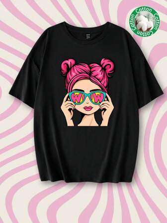 Tseoso Lässiges, oversized Damen T-Shirt mit Cartoon-Motiv, Rundausschnitt, kurzen Ärmeln und weiter Form, Sommer Pullover