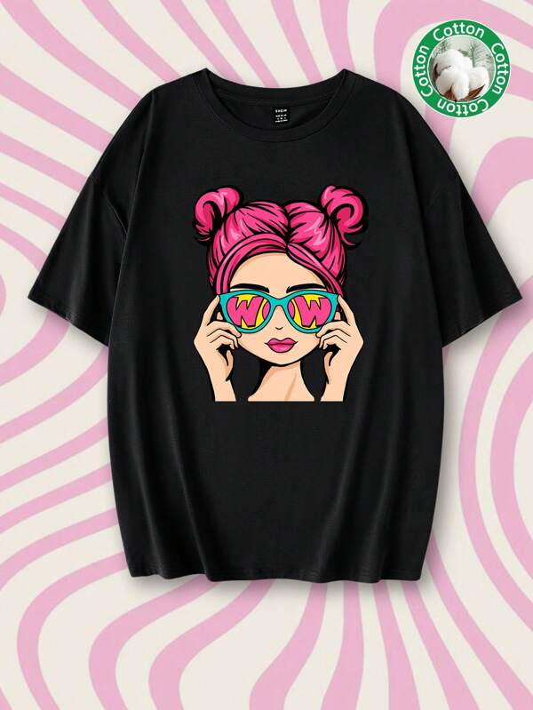 Tseoso Tricou lejer cu mânecă scurtă, cu grafică de personaj de desene animate, supradimensionat, cu gâtul turn, pulover de vară