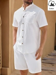 HIMLAND Manfinity Modomio 2pcs Men's Woven Stand Collar Slim Fit Short Sleeve Casual Shirt Set, Suitable For Daily Wear,Beach Men Shirt,Beach Men,Men Dress Shirt,Men Shorts Set,Two Pieces Beach Set, Old Money