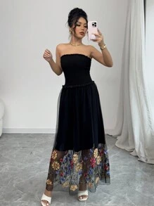 SHEIN Unity 女士花卉刺绣抹胸长裙，休闲简约 - 黑色 - 查看 1