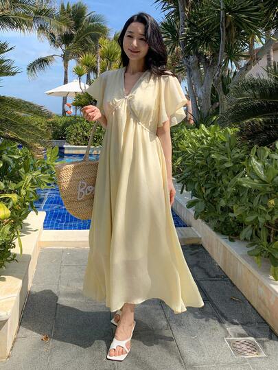 Women's Loose V-Neck Cap Sleeve Long Dress Summer Sundress,Casual Women Dresses Maxi Dress
