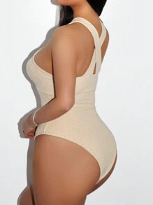 Zolique Women Solid Color Sleeveless Hollow Minimalist Slim Fit Bodysuit, Casual Resort Wear