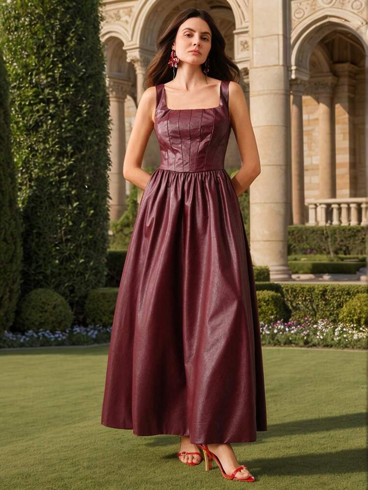 Burgundy PU Leather Square Neck Sleeveless Ruched Waist Elegant Dress, Slimming Summer Women Party Outfit For Chinese New Year, Vacation, Valentine's Day
