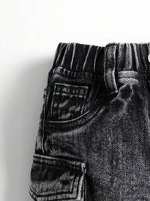 Pantalons en jean lavés pour garçons bébé, à poches cargo, avec taille élastique, décontractés et polyvalents, ourlet retroussé