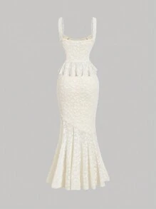 SHEIN MOD 女士杏色背心和蕾丝长款美人鱼裙套装，春季优雅装扮，老钱女人，女士朴素连衣裙 - 杏色 - 查看 2