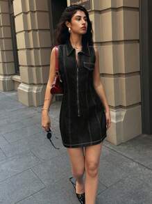 Forever 21 Fall&Winter Summer Women Collared/Valentine's Day/Valentine Outfit//Winter Outfits For Women/Office Wear Women/Club Outfits Women/Going Out/Color/Funny/Business Casual Woman/Deep Blue/Y2k Clothes/New Years Dress/Women Clothes/Street Wear Women/Summer Women Outfit/Retro/Blue Washed /Street Style/Classy Outfits/Daily Wear/Casual Denim Dress/Party Dress/Denim Mini Dress - Black - View 8