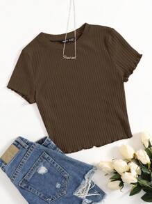 SHEIN EZwear Solid Lettuce Trim Rib-knit Tee