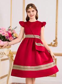 2pcs/Set Tween Girls Cap Sleeve Satin Dress With Gold Lace Trim & Matching Bag, Style For Spring & Summer,Holiday Summer Travel - Burgundy - View 6