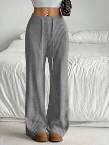 SHEIN EZwear 大码女式黑色毛衣，休闲纯色抽绳腰宽松阔腿针织裤，黑色，女士冬装