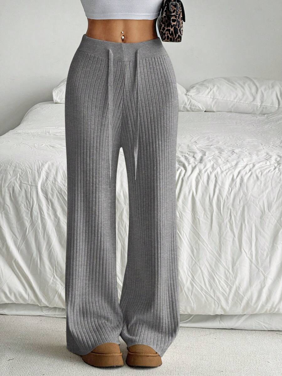 SHEIN EZwear 大码女式黑色毛衣，休闲纯色抽绳腰宽松阔腿针织裤，黑色，女士冬装