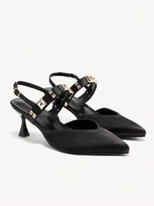 CUCCOO CHICEST Elegante preto cetim bico decoração stiletto salto médio bombas para mulheres, adequado para ocasiões formais, deslocamento, vestido, festa de casamento - Preto - Ver 7