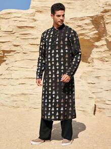 Manfinity Homme Eid Mubarak  Ramadan Men's Set Of Gold Foil Floral Print Long Sleeve Long Shirt Robe And Pants - Black - View 6