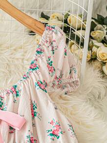 Flirla Vestido con diseño floral menudo, moño decorativo para mujer de talla grande - Blanco - Ver 4