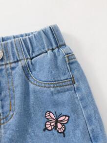 1 pièce Jeans droits à imprimé papillon avec poches utilitaires pour petites filles, style décontracté