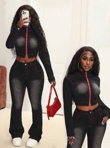 SHEIN Slayr Denim Party Sexy Fitted Short Spring Denim Jacket For Women - Black - View 1