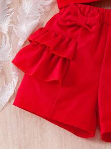 2pcs/Set Young Girl Red Bow Rhinestone Cap Sleeve Vest Top & Shorts Set, Cute Refreshing Summer Outfit - Red - View 3