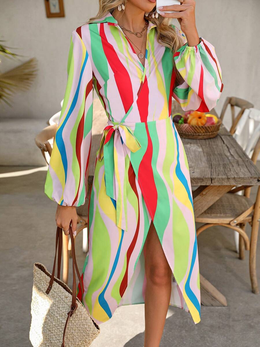 SHEIN VCAY Vestido largo con mangas farol con estampado total y ajuste envolvente con lazo, para otoño - Multicolor - Ver 1