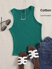SHEIN EZwear Solid Rib Knit Tank Top - Dark Green - View 6
