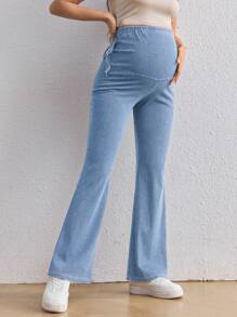SHEIN 孕妇牛仔紧身喇叭牛仔裤，休闲蓝色孕妇牛仔裤 - 淺色水洗藍 - 查看 7