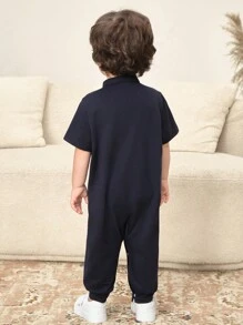SHEIN New Born Baby Boy Retro Pattern Stand Collar Short Sleeve Jumpsuit Casual All-Match Set, Spring/Summer - Navy Blue - View 2