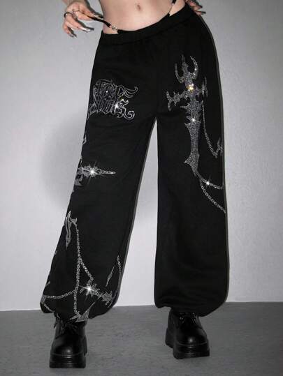 ROMWE Avant Y2K Streetwear Baddie Cross Chain Embellished Low-Waist Women's Sweatpants Graduation,Back To School Outfits,Graduation,Teacher Outfits For Women,Back To School