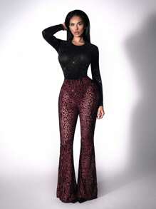 Zolique Pantalones de mujer de corte slim y sexy con estampado de leopardo aterciopelado y transparente