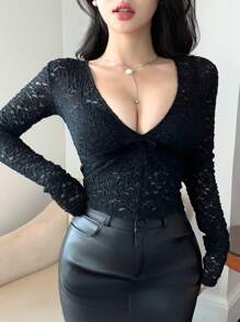 DAZY See-Through Mesh Lace Jacquard Ribbon Stitching Sexy Lace Shirt Deep V-Neck Banquet Ladies Top