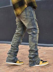 Manfinity LEGND Men's Washed Distressed Flare Leg Cargo Jeans Street Hang Out Urban - Yellow - View 2