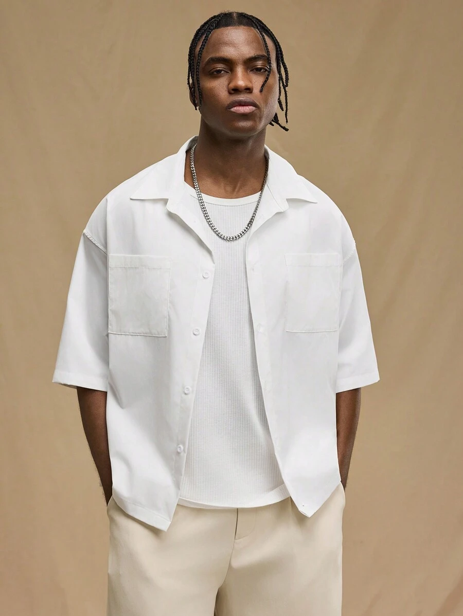 Forever 21 Men's White Loose Casual Double Pocket Lapel Short Sleeve Shirt - White - View 1