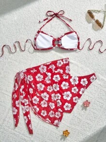 SHEIN MOD 女士花卉印花吊带比基尼套装带罩裙，夏季海滩度假 - 紅白色 - 查看 2