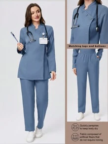 Scrubzie 2pcs Wrinkle-Resistant Collared Long Sleeve Women's /Healthcare Scrub Uniform Top And Pants Set - Blue - View 1