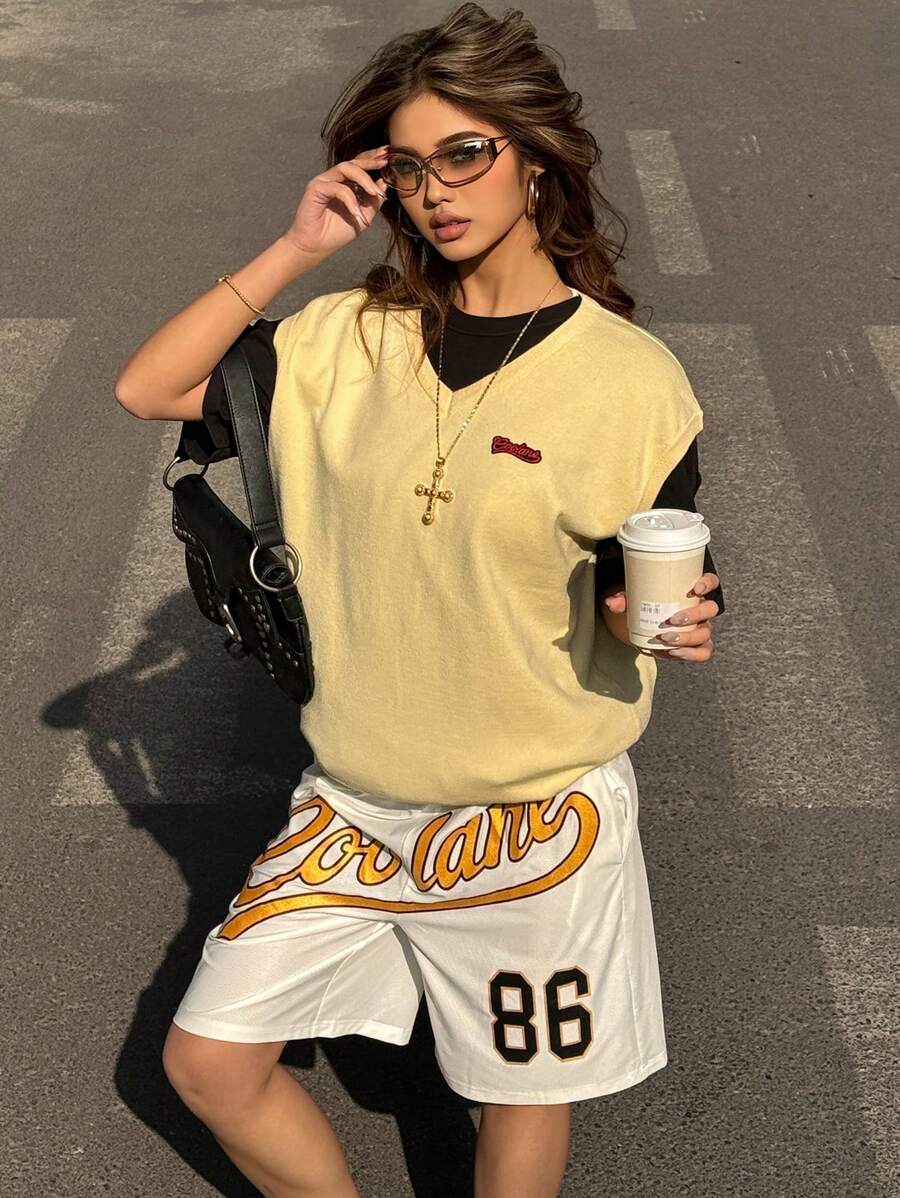 SHEIN EZwear Women's Spring Summer Y2K Daily Wear Couple Same Style Fashion Vintage Streetwear Basic Knit Stretchy Patched Light Yellow Over Size Sleeveless Vest Sweater - Yellow - View 1